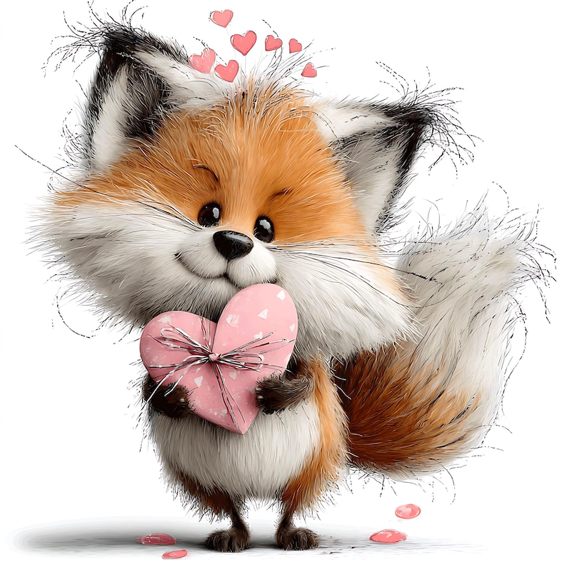 May include: A cartoon fox with orange, white, and black fur holds a pink heart-shaped gift box tied with a silver ribbon. Pink hearts float above the fox's head, and a few pink hearts are scattered below. The fox has a cheerful expression.
