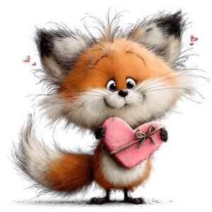May include: A cartoon fox with orange and white fur, holding a pink heart-shaped object tied with a brown bow. The fox has a smiling expression and black eyes. Small red hearts float in the background. The image is a digital illustration.