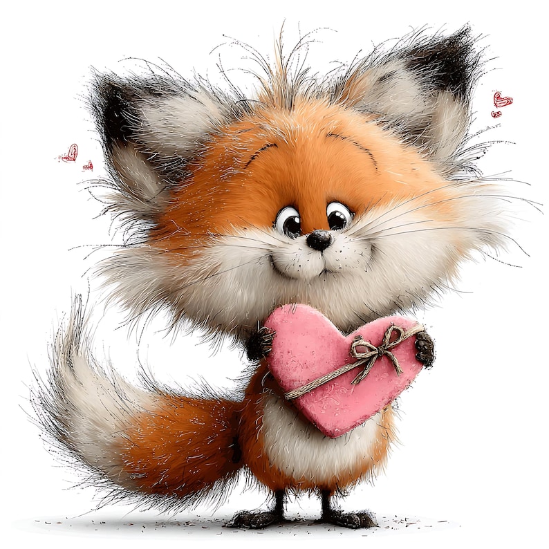 May include: A cartoon fox with orange and white fur, holding a pink heart-shaped object tied with a brown bow. The fox has a smiling expression and black eyes. Small red hearts float in the background. The image is a digital illustration.