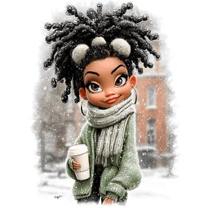 May include: Illustration of a cartoon character in a winter scene. The character has dark hair, wearing a green sweater, a gray scarf, and holding a white coffee cup. Snowflakes fall in the background, with a building visible.