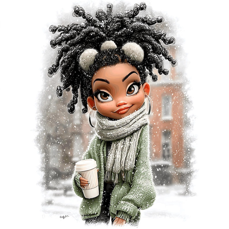 May include: Illustration of a cartoon character in a winter scene. The character has dark hair, wearing a green sweater, a gray scarf, and holding a white coffee cup. Snowflakes fall in the background, with a building visible.