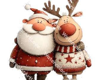 22 immagini clipart di Babbo Natale con renne, clipart di Babbo Natale di Natale, biglietti di auguri natalizi, acquerelli stampabili, PNG di alta qualità, lavori di carta
