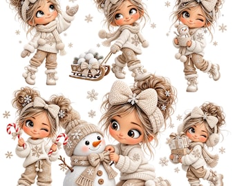 30 Girl & Snowman Clipart Bundle, Whimsical Winter Holiday Art (PNG Digital Download)