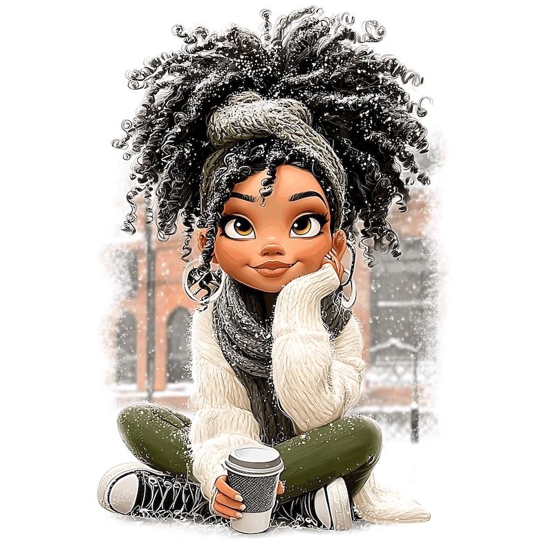 May include: Illustration of a cartoon woman with curly black hair, wearing a white sweater, green pants, and a gray scarf. She is holding a coffee cup and sitting cross-legged. The background shows a snowy scene.