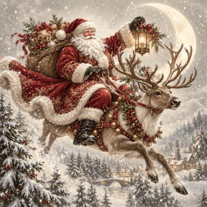 Puede incluir: Santa Claus con barba blanca y traje rojo con ribete de piel blanca monta un reno a través de un cielo nevado. Santa lleva un saco marrón lleno de regalos y un oso de peluche mientras sostiene una linterna encendida con un arnés rojo decorado.