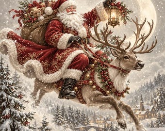 Könnte beinhalten: Der Weihnachtsmann mit weißem Bart und rotem Anzug mit weißem Pelzbesatz reitet auf einem Rentier durch einen verschneiten Himmel. Er trägt einen braunen Sack voller Geschenke und einen Teddybären bei sich und hält eine leuchtende Laterne in der Hand.