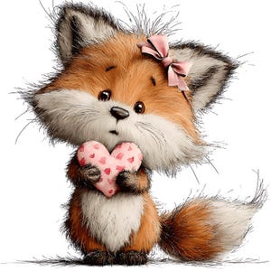 May include: A cartoon fox with orange and white fur, holding a pink heart with red heart patterns. The fox has a pink bow and a surprised expression. The image is a digital illustration.