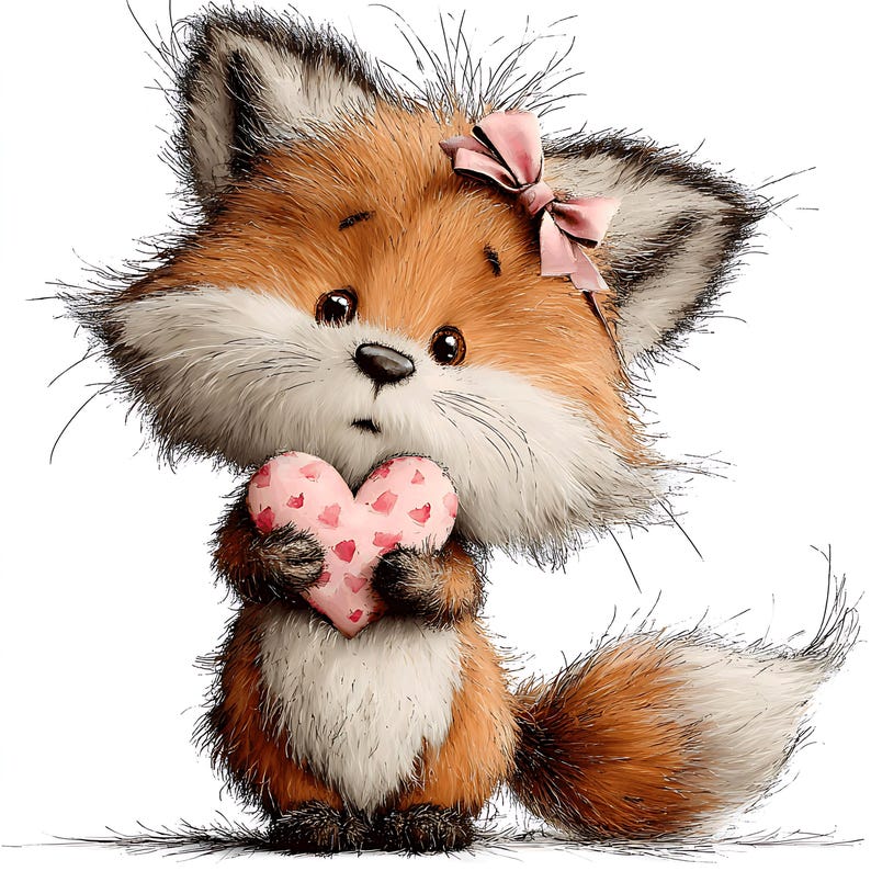 May include: A cartoon fox with orange and white fur, holding a pink heart with red heart patterns. The fox has a pink bow and a surprised expression. The image is a digital illustration.