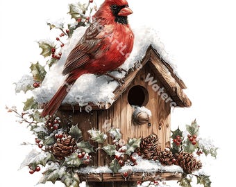 May include: A vibrant red cardinal perched atop a wooden birdhouse covered in snow. The birdhouse is adorned with holly, red berries, and pinecones, creating a festive winter scene. The image has a watercolor style.