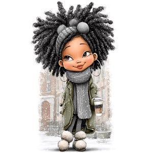 May include: Illustration of a cartoon girl with dark curly hair wearing a gray headband with pom-poms, a gray scarf, and a green coat. She holds a coffee cup and is wearing fluffy white boots. Snow is falling in the background.