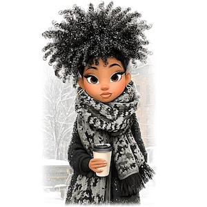 May include: Illustration of a person with dark skin, curly black hair, and brown eyes, wearing a black coat and a black and gray patterned scarf. The person is holding a white coffee cup with a black lid. The background shows a snowy scene.