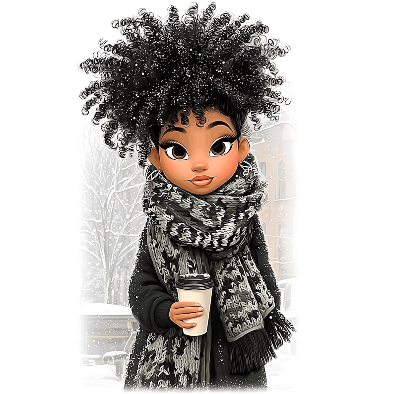 May include: Illustration of a person with dark skin, curly black hair, and brown eyes, wearing a black coat and a black and gray patterned scarf. The person is holding a white coffee cup with a black lid. The background shows a snowy scene.