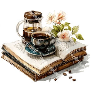 Watercolor Coffee and Book Clipart, Printable PNGs (Digital Download)