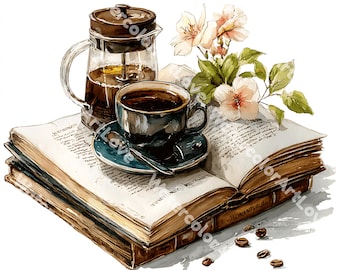 Akvarell kaffe och bok clipart, utskrivbara PNG-filer (digital nedladdning)