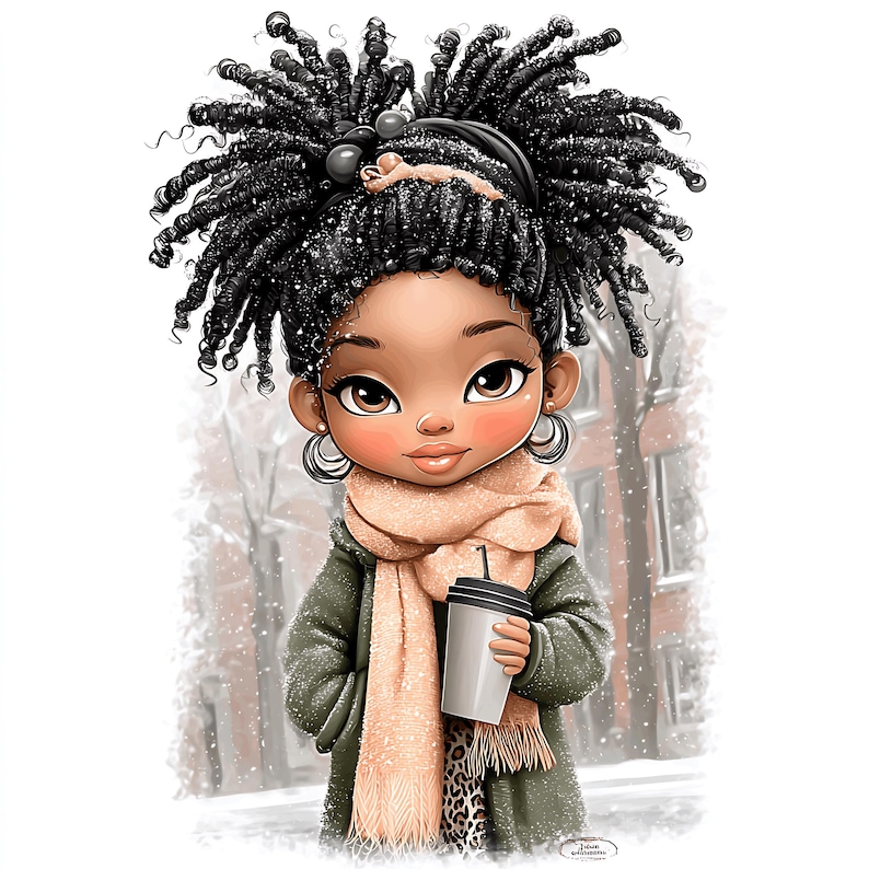 May include: Illustration of a young person with dark skin and curly black hair, wearing a green coat, a peach scarf, and holding a coffee cup. The background shows a snowy scene with a building.