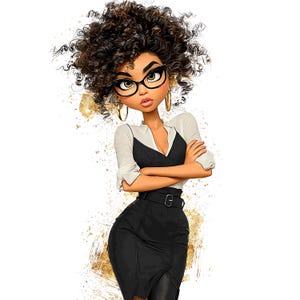 K&ouml;nnte beinhalten: Illustration einer Frau mit lockigem braunem Haar, die eine Brille, goldene Creolen, ein wei&szlig;es Hemd und ein schwarzes Kleid tr&auml;gt. Ihre Arme sind verschr&auml;nkt und sie hat einen ernsten Gesichtsausdruck. Goldfarbene Farbspritzer sind im Hintergrund.