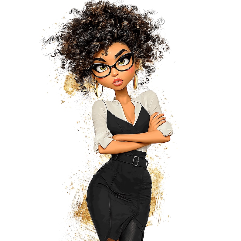 K&ouml;nnte beinhalten: Illustration einer Frau mit lockigem braunem Haar, die eine Brille, goldene Creolen, ein wei&szlig;es Hemd und ein schwarzes Kleid tr&auml;gt. Ihre Arme sind verschr&auml;nkt und sie hat einen ernsten Gesichtsausdruck. Goldfarbene Farbspritzer sind im Hintergrund.