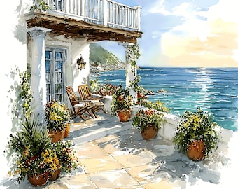 May include: Watercolor painting of a seaside balcony with two wooden chairs. The balcony is adorned with potted flowers and overlooks a bright blue ocean. The building is white with a wooden balcony.