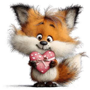 May include: A cartoon fox with orange and white fur holds a pink heart-shaped gift with white heart details and a pink bow. The fox has a friendly expression with big eyes and a smile. The image is on a white background.