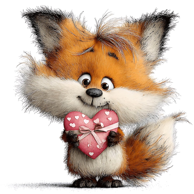 May include: A cartoon fox with orange and white fur holds a pink heart-shaped gift with white heart details and a pink bow. The fox has a friendly expression with big eyes and a smile. The image is on a white background.