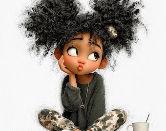 22 Quirky Afro Girl Clipart, Watercolor PNG (Digital Download)