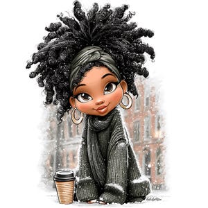 May include: Illustration of a cartoon girl with dark curly hair, wearing a gray sweater, scarf, and headband. She has gold hoop earrings and is sitting in the snow next to a coffee cup. The background shows a building and falling snow.