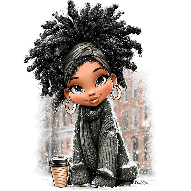 May include: Illustration of a cartoon girl with dark curly hair, wearing a gray sweater, scarf, and headband. She has gold hoop earrings and is sitting in the snow next to a coffee cup. The background shows a building and falling snow.
