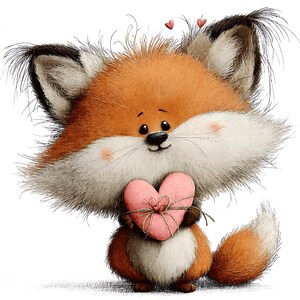 May include: A cartoon illustration of a cute fox holding a pink heart tied with twine. The fox has orange and white fur, black eyes, and small pink cheeks. Two small pink hearts float above its head.