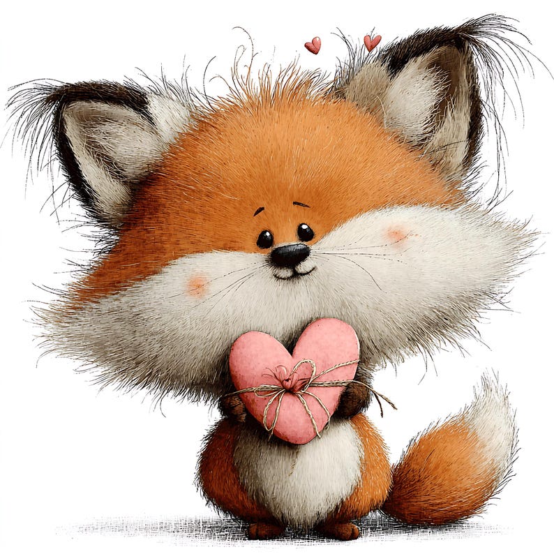 May include: A cartoon illustration of a cute fox holding a pink heart tied with twine. The fox has orange and white fur, black eyes, and small pink cheeks. Two small pink hearts float above its head.