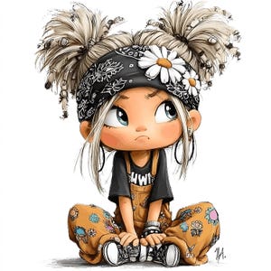 18 Hippie-Mädchen-Illustrationen, niedliche Retro-Modekunst (PNG-Digitaldownload)