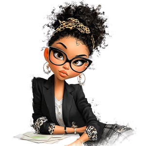 K&ouml;nnte beinhalten: Illustration einer stilvollen Person mit lockigem Haar, die einen schwarzen Blazer, eine Cat-Eye-Brille und ein Leoparden-Stirnband tr&auml;gt. Die Person lehnt sich an einen Schreibtisch mit Papieren, mit Leoparden-Manschetten und Creolen.