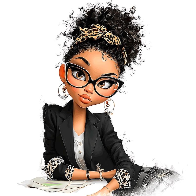 K&ouml;nnte beinhalten: Illustration einer stilvollen Person mit lockigem Haar, die einen schwarzen Blazer, eine Cat-Eye-Brille und ein Leoparden-Stirnband tr&auml;gt. Die Person lehnt sich an einen Schreibtisch mit Papieren, mit Leoparden-Manschetten und Creolen.