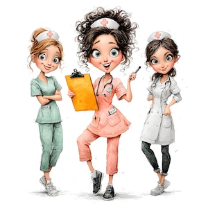 24 wunderliche Krankenschwester Clipart Bundle: Medizinische Mädchen, Junk-Journal (Digitaler Download PNGs)