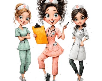 Paquete de 24 imágenes prediseñadas de enfermeras: Chicas médicas, Diario basura (descarga digital PNG)