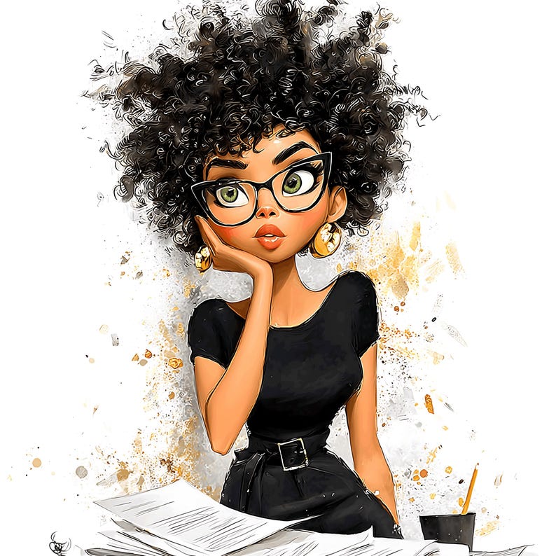 K&ouml;nnte beinhalten: Illustration einer Frau mit lockigem schwarzem Haar, die eine schwarze Cat-Eye-Brille und ein schwarzes Kleid mit G&uuml;rtel tr&auml;gt. Sie hat goldene Ohrringe und st&uuml;tzt ihr Kinn auf ihre Hand. Ein Stapel Papiere und ein Bleistift liegen auf dem Schreibtisch.