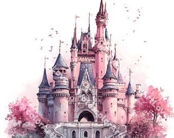 20 Princess Castle Clipart, Magical Fairytale Castle, Pink castle, Printable Watercolor  PNGs