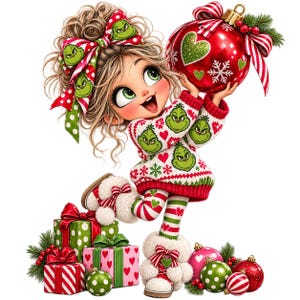 May include: A cartoon illustration of a character with messy blonde hair wearing a red and white sweater patterned with green Grinch faces and snowflakes. The character holds a large red Christmas ornament and stands near wrapped gift boxes.