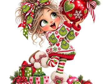 30 Christmas Girl PNG Bundle, Green Holiday Character Clipart, Candy Cane Gifts Sublimation (Digital Transparent  PNGs)