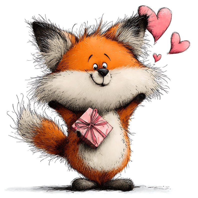 May include: A cartoon illustration of a smiling fox with orange fur, white chest, and black-tipped ears. The fox holds a pink gift box and has pink hearts floating above its head. The image has a whimsical, friendly style.