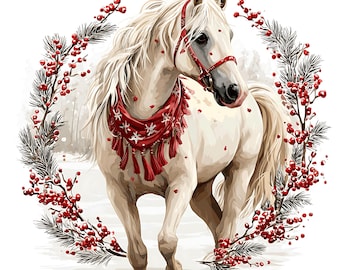 Könnte beinhalten: Illustration eines weißen Pferdes mit roter Trense und Schal, verziert mit Schneeflocken und Quasten. Das Pferd ist von einem Kranz aus Kiefernzweigen und roten Beeren umgeben, vor einem verschneiten Hintergrund. Ein festliches Design zum Thema Winterferien.