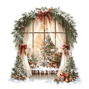 Può includere: Illustrazione ad acquerello di una scena natalizia. Una finestra è incorniciata da una ghirlanda innevata e fiocchi rossi. All'interno, è visibile un albero di Natale decorato, insieme a regali e un interno accogliente. Due piccoli alberi di Natale affiancano la finestra.
