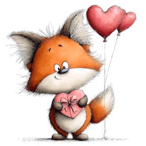 May include: A cartoon illustration of a cute fox holding a pink heart-shaped gift box and two red heart balloons. The fox has orange fur, a white chest, and large ears. The image is set against a white background.