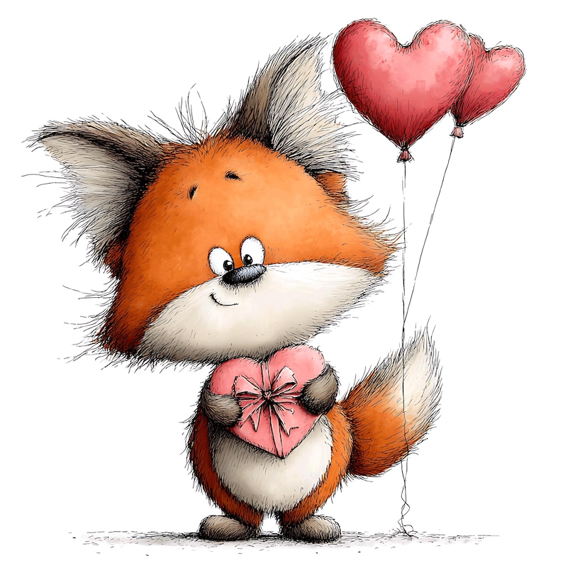 May include: A cartoon illustration of a cute fox holding a pink heart-shaped gift box and two red heart balloons. The fox has orange fur, a white chest, and large ears. The image is set against a white background.
