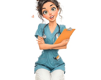 Paquete de 20 imágenes prediseñadas de enfermeras con un toque original: Chicas médicas, Diario de recortes (descarga digital PNG)
