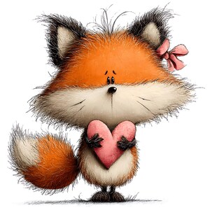 May include: A cartoon illustration of a fluffy fox with orange fur, black-tipped ears, and a white muzzle. The fox is holding a pink heart and has a pink bow on its head. The fox has a sad expression.