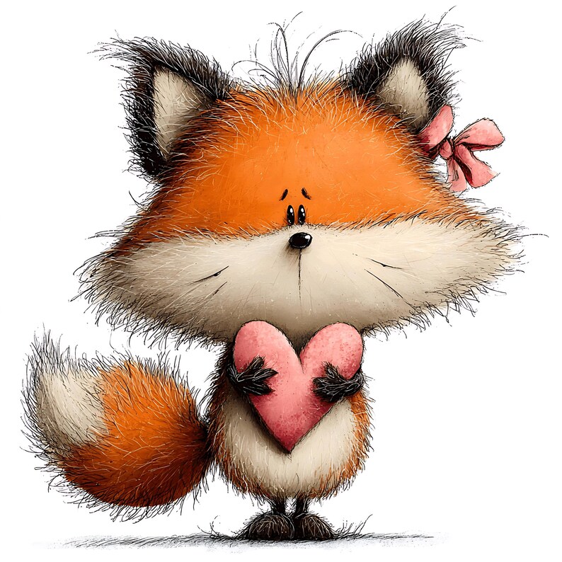 May include: A cartoon illustration of a fluffy fox with orange fur, black-tipped ears, and a white muzzle. The fox is holding a pink heart and has a pink bow on its head. The fox has a sad expression.