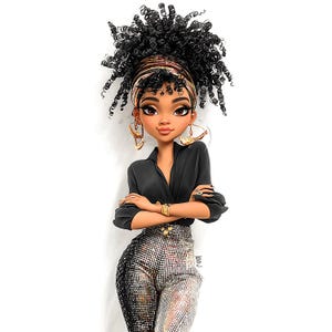 May include: Illustration of a stylish person with curly black hair, wearing a black top, gold hoop earrings, and patterned pants. The person has their arms crossed and is leaning against a white background.
