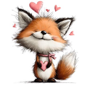 May include: A cartoon illustration of a smiling fox with orange and white fur, black ears, and a pink scarf. The fox is holding a pink heart and has pink hearts floating above its head. The fox is standing on a white background.