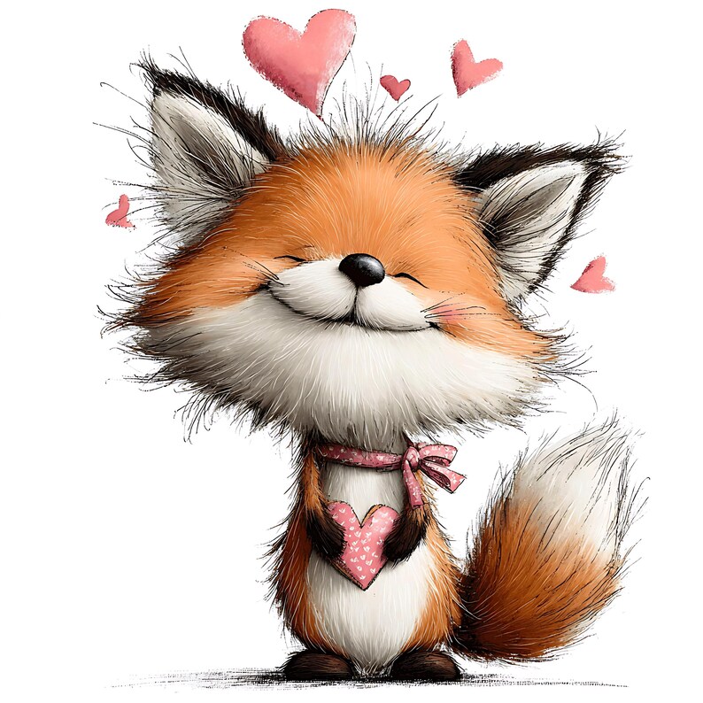 May include: A cartoon illustration of a smiling fox with orange and white fur, black ears, and a pink scarf. The fox is holding a pink heart and has pink hearts floating above its head. The fox is standing on a white background.