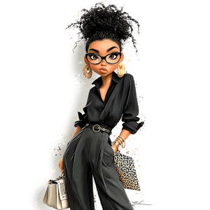 K&ouml;nnte beinhalten: Illustration einer stilvollen Frau in einem schwarzen Hemd, einer hoch taillierten Hose und Goldschmuck. Sie tr&auml;gt eine Brille und h&auml;lt eine cremefarbene Handtasche und eine Clutch mit Leopardenmuster. Ihr Haar ist zu einem hohen Dutt gestylt.